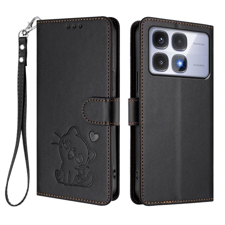 For Redmi K70 Ultra 5G Embossed Heart Cat Leather Phone Case with Hand Strap