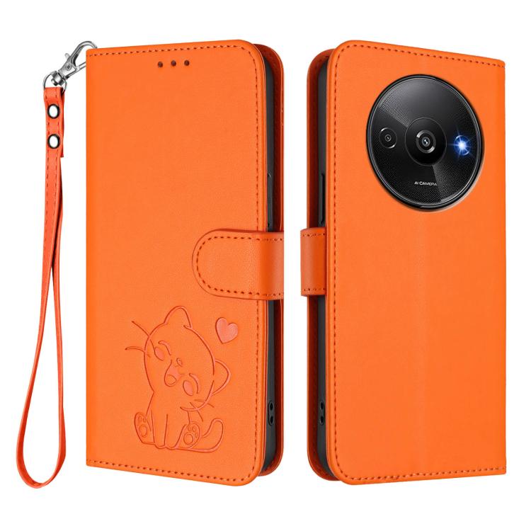 For Redmi A3 4G / A3x / Xiaomi Poco C61 Embossed Heart Cat Leather Phone Case with Hand Strap