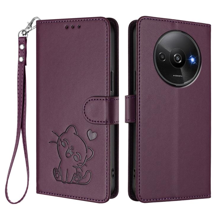 For Redmi A3 4G / A3x / Xiaomi Poco C61 Embossed Heart Cat Leather Phone Case with Hand Strap