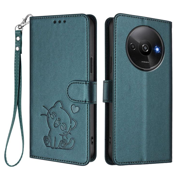 For Redmi A3 4G / A3x / Xiaomi Poco C61 Embossed Heart Cat Leather Phone Case with Hand Strap