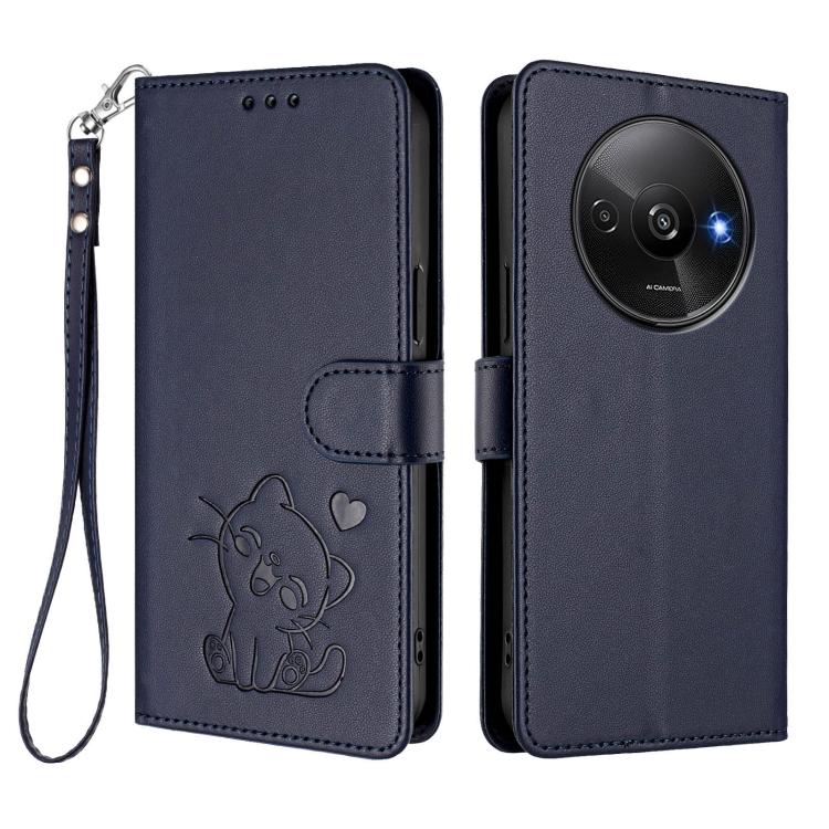 For Redmi A3 4G / A3x / Xiaomi Poco C61 Embossed Heart Cat Leather Phone Case with Hand Strap