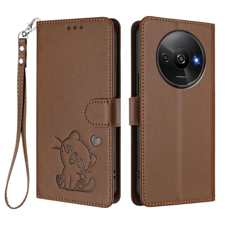 For Redmi A3 4G / A3x / Xiaomi Poco C61 Embossed Heart Cat Leather Phone Case with Hand Strap