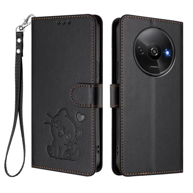 For Redmi A3 4G / A3x / Xiaomi Poco C61 Embossed Heart Cat Leather Phone Case with Hand Strap