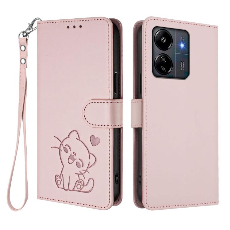 For Redmi 13C 4G / 5G / Xiaomi Poco C65 Embossed Heart Cat Leather Phone Case with Hand Strap