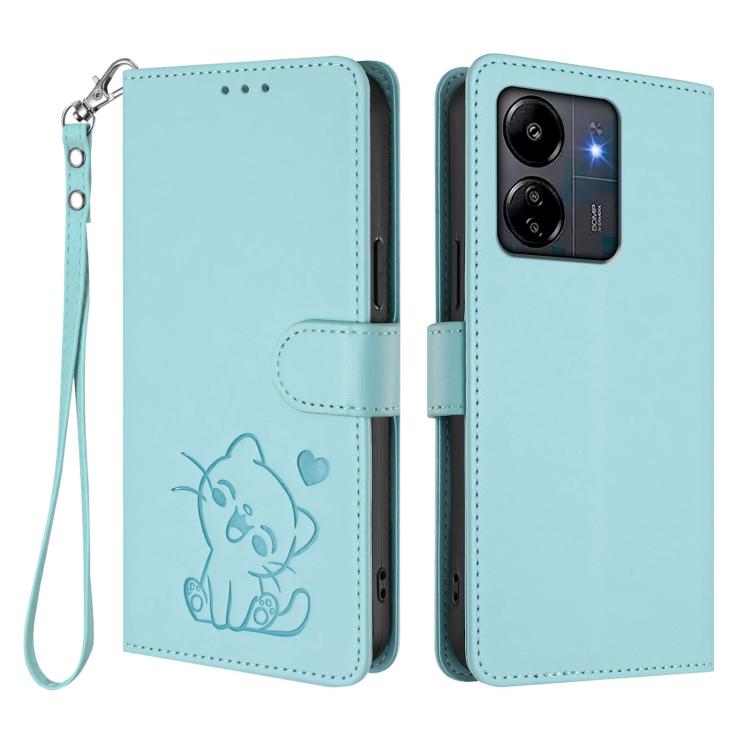 For Redmi 13C 4G / 5G / Xiaomi Poco C65 Embossed Heart Cat Leather Phone Case with Hand Strap