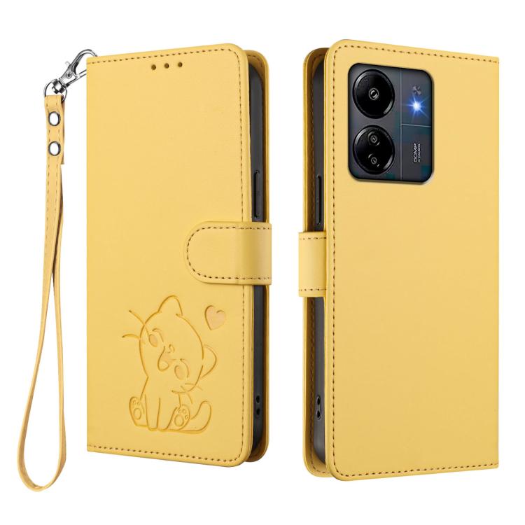 For Redmi 13C 4G / 5G / Xiaomi Poco C65 Embossed Heart Cat Leather Phone Case with Hand Strap