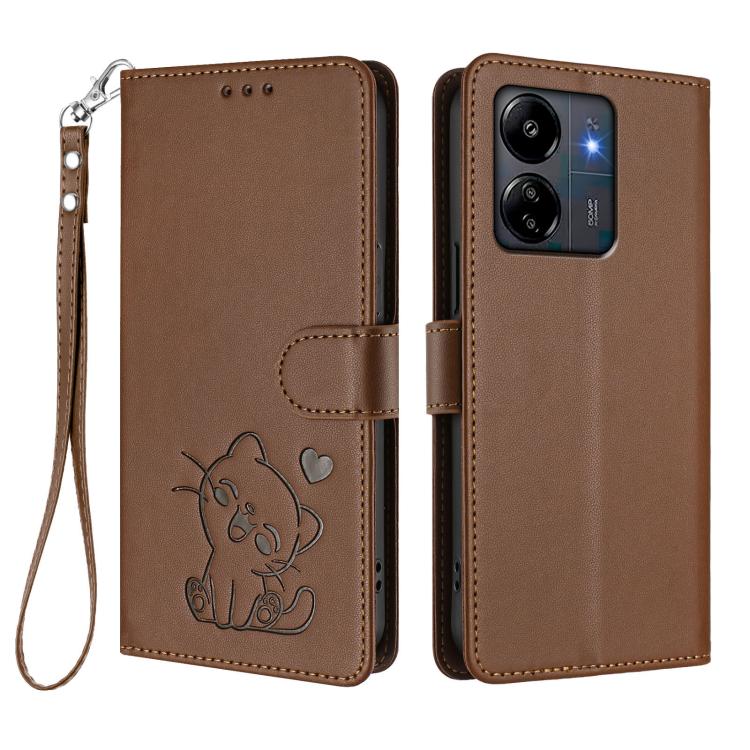 For Redmi 13C 4G / 5G / Xiaomi Poco C65 Embossed Heart Cat Leather Phone Case with Hand Strap