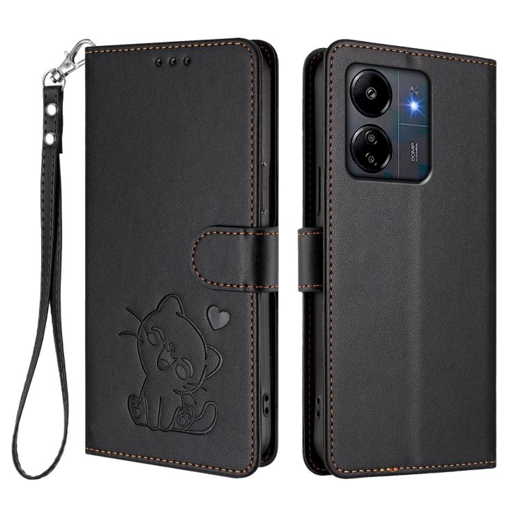 For Redmi 13C 4G / 5G / Xiaomi Poco C65 Embossed Heart Cat Leather Phone Case with Hand Strap