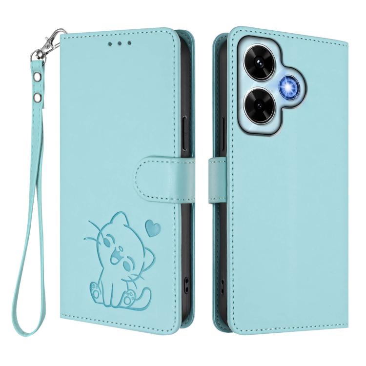 For Redmi Note 13 4G Global Embossed Heart Cat Leather Phone Case with Hand Strap