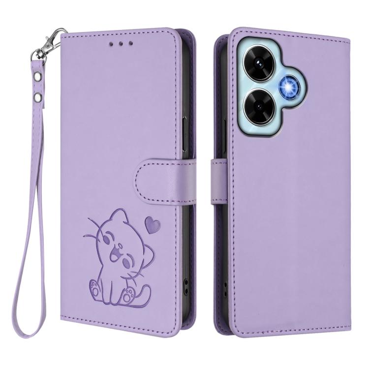For Redmi Note 13 4G Global Embossed Heart Cat Leather Phone Case with Hand Strap