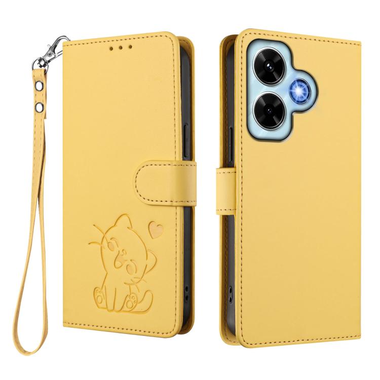 For Redmi Note 13 4G Global Embossed Heart Cat Leather Phone Case with Hand Strap