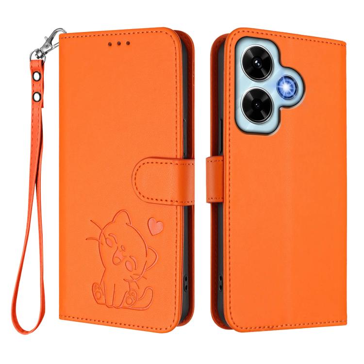 For Redmi Note 13 4G Global Embossed Heart Cat Leather Phone Case with Hand Strap