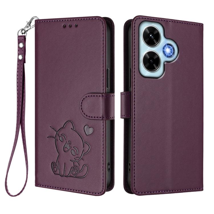 For Redmi Note 13 4G Global Embossed Heart Cat Leather Phone Case with Hand Strap