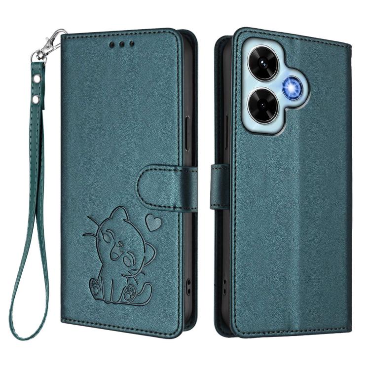 For Redmi Note 13 4G Global Embossed Heart Cat Leather Phone Case with Hand Strap