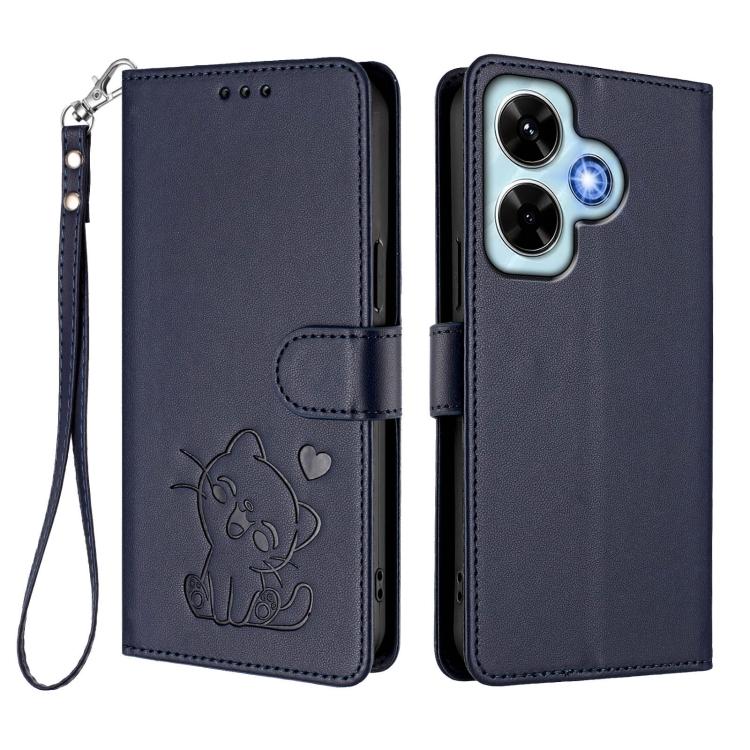 For Redmi Note 13 4G Global Embossed Heart Cat Leather Phone Case with Hand Strap