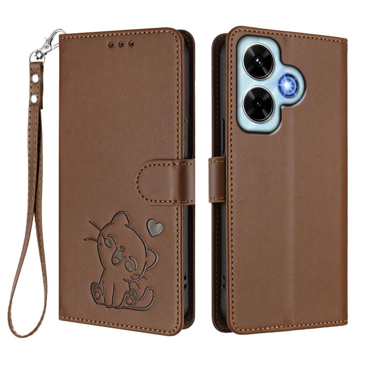 For Redmi Note 13 4G Global Embossed Heart Cat Leather Phone Case with Hand Strap