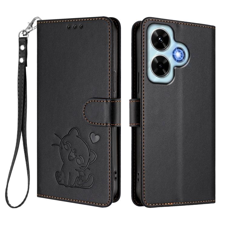 For Redmi Note 13 4G Global Embossed Heart Cat Leather Phone Case with Hand Strap