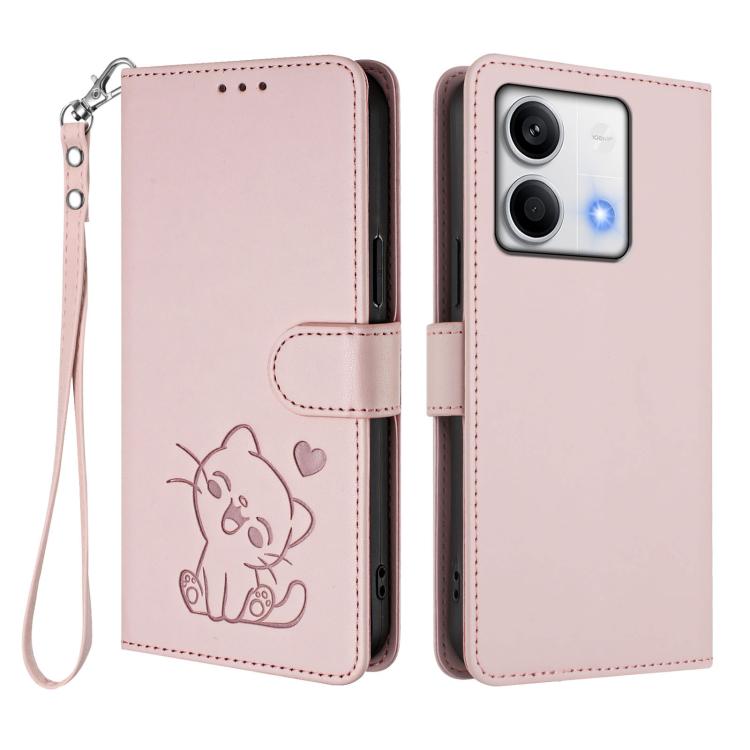 For Redmi Note 13 5G Global Embossed Heart Cat Leather Phone Case with Hand Strap