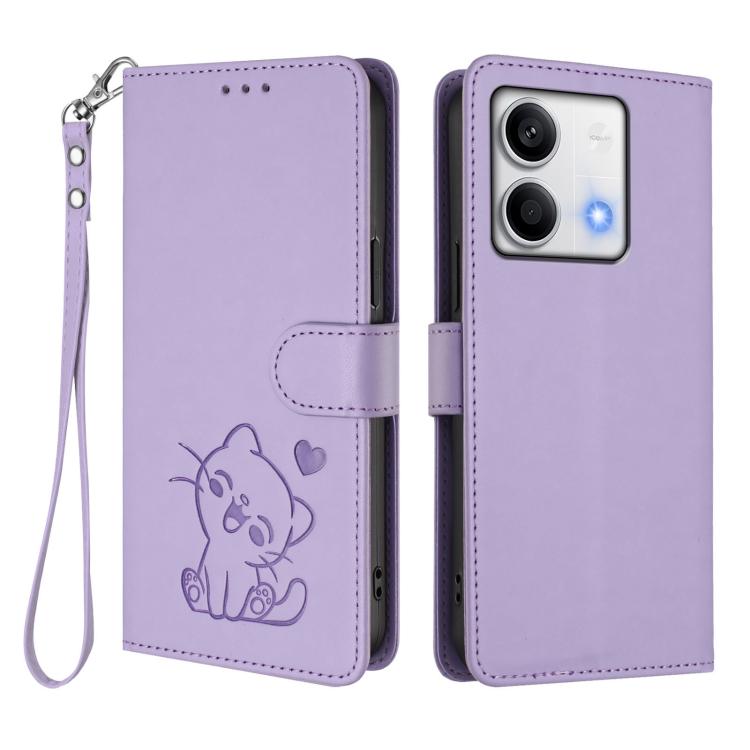 For Redmi Note 13 5G Global Embossed Heart Cat Leather Phone Case with Hand Strap