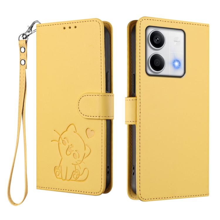 For Redmi Note 13 5G Global Embossed Heart Cat Leather Phone Case with Hand Strap