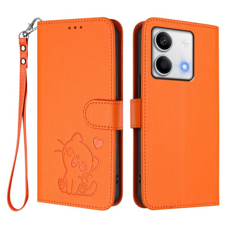 For Redmi Note 13 5G Global Embossed Heart Cat Leather Phone Case with Hand Strap