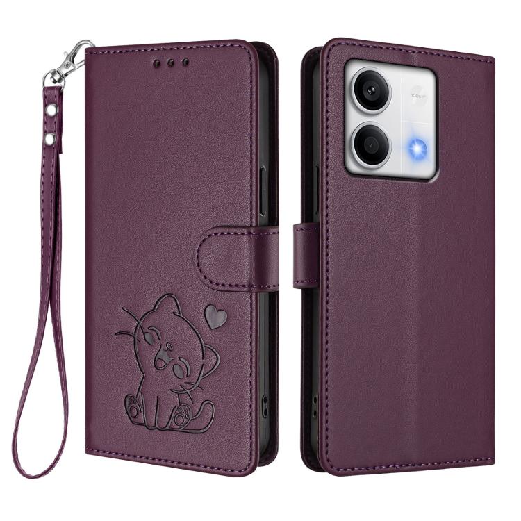 For Redmi Note 13 5G Global Embossed Heart Cat Leather Phone Case with Hand Strap