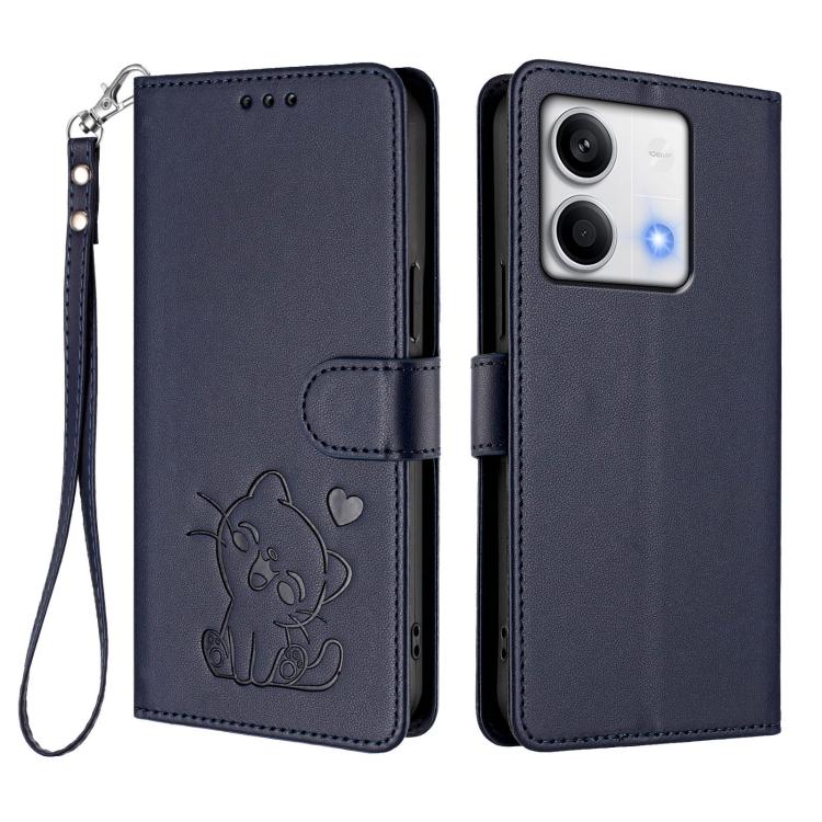 For Redmi Note 13 5G Global Embossed Heart Cat Leather Phone Case with Hand Strap