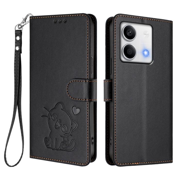For Redmi Note 13 5G Global Embossed Heart Cat Leather Phone Case with Hand Strap