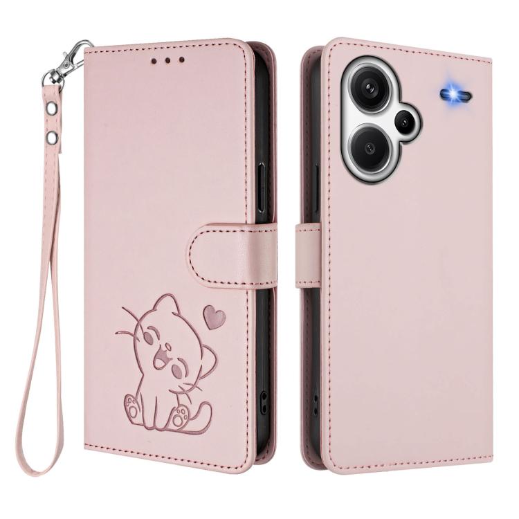 For Redmi Note 13 Pro+ 5G Global Embossed Heart Cat Leather Phone Case with Hand Strap