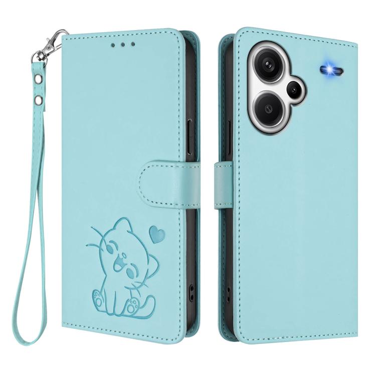 For Redmi Note 13 Pro+ 5G Global Embossed Heart Cat Leather Phone Case with Hand Strap