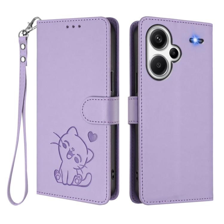 For Redmi Note 13 Pro+ 5G Global Embossed Heart Cat Leather Phone Case with Hand Strap