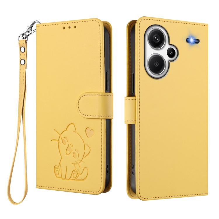 For Redmi Note 13 Pro+ 5G Global Embossed Heart Cat Leather Phone Case with Hand Strap
