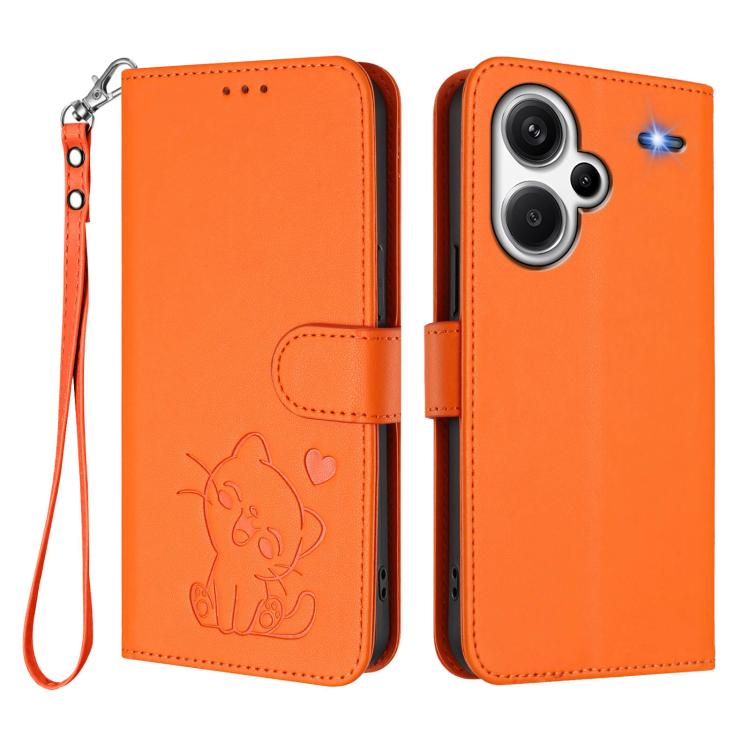 For Redmi Note 13 Pro+ 5G Global Embossed Heart Cat Leather Phone Case with Hand Strap