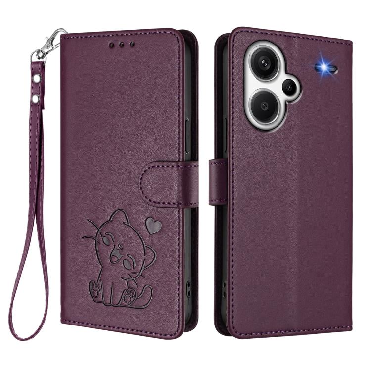 For Redmi Note 13 Pro+ 5G Global Embossed Heart Cat Leather Phone Case with Hand Strap