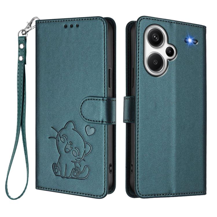 For Redmi Note 13 Pro+ 5G Global Embossed Heart Cat Leather Phone Case with Hand Strap