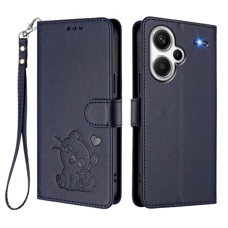 For Redmi Note 13 Pro+ 5G Global Embossed Heart Cat Leather Phone Case with Hand Strap