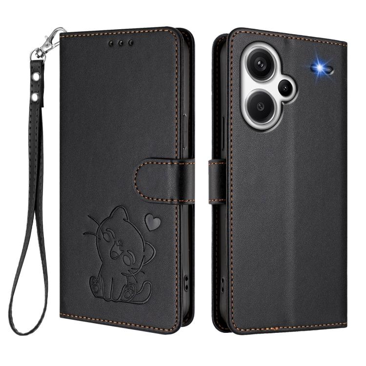 For Redmi Note 13 Pro+ 5G Global Embossed Heart Cat Leather Phone Case with Hand Strap