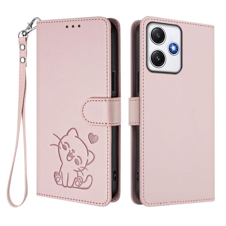 For Redmi 12 4G / 5G / Note 12R Embossed Heart Cat Leather Phone Case with Hand Strap