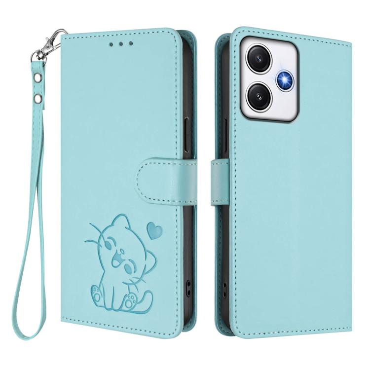 For Redmi 12 4G / 5G / Note 12R Embossed Heart Cat Leather Phone Case with Hand Strap