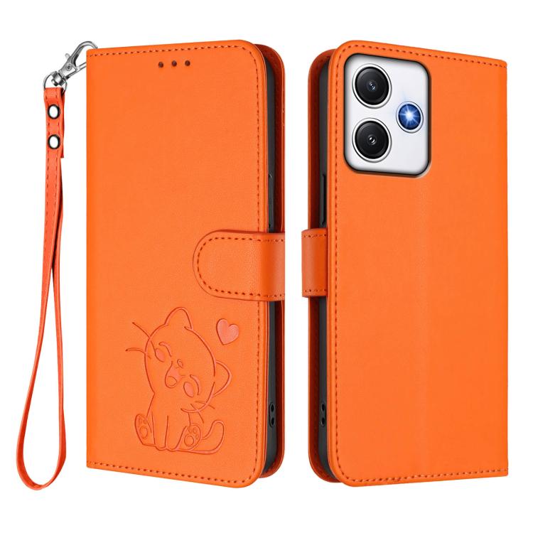For Redmi 12 4G / 5G / Note 12R Embossed Heart Cat Leather Phone Case with Hand Strap