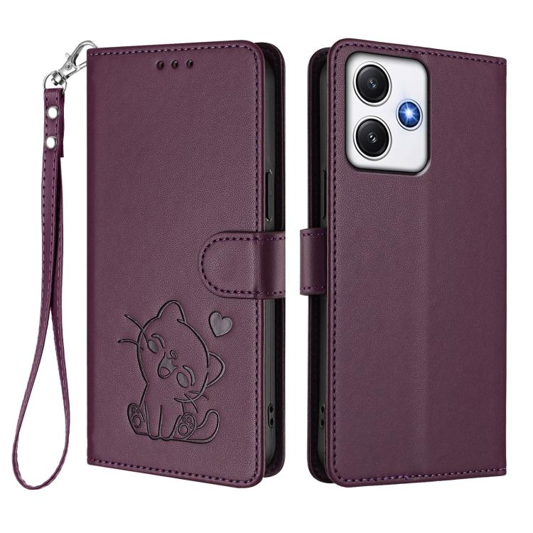 For Redmi 12 4G / 5G / Note 12R Embossed Heart Cat Leather Phone Case with Hand Strap