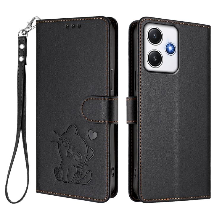 For Redmi 12 4G / 5G / Note 12R Embossed Heart Cat Leather Phone Case with Hand Strap