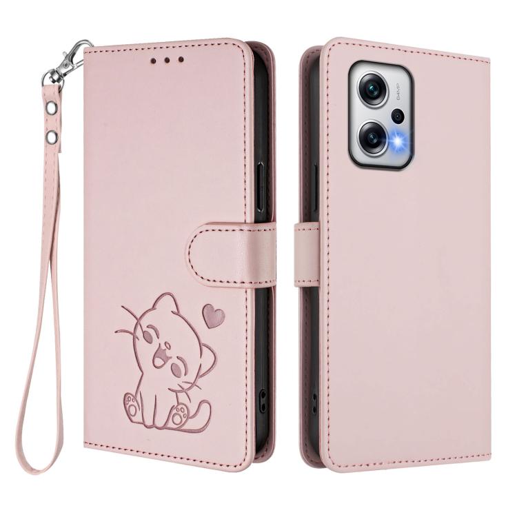 For Redmi K50i / Note 12T Pro Embossed Heart Cat Leather Phone Case with Hand Strap