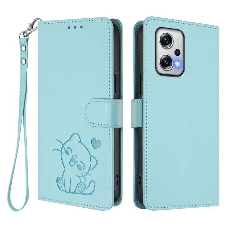 For Redmi K50i / Note 12T Pro Embossed Heart Cat Leather Phone Case with Hand Strap