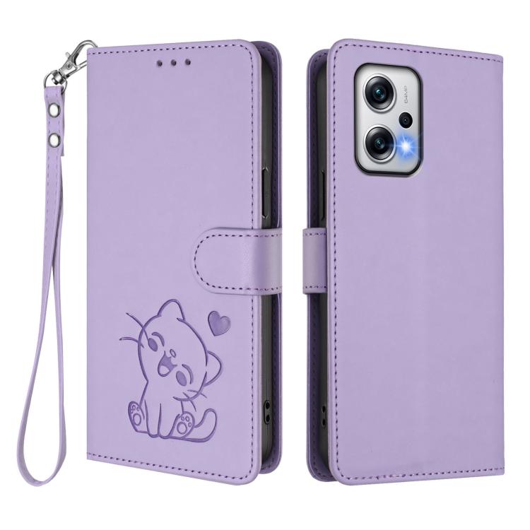 For Redmi K50i / Note 12T Pro Embossed Heart Cat Leather Phone Case with Hand Strap