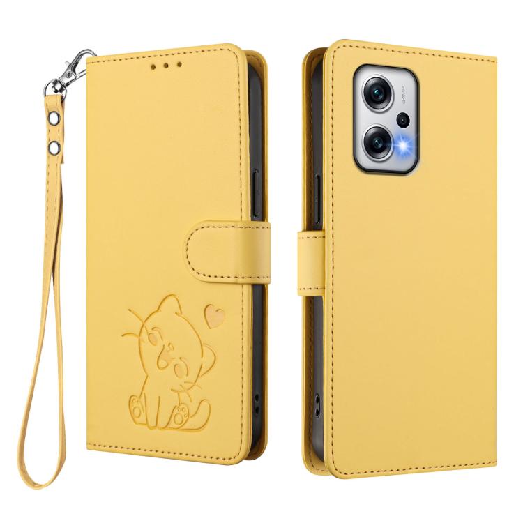 For Redmi K50i / Note 12T Pro Embossed Heart Cat Leather Phone Case with Hand Strap