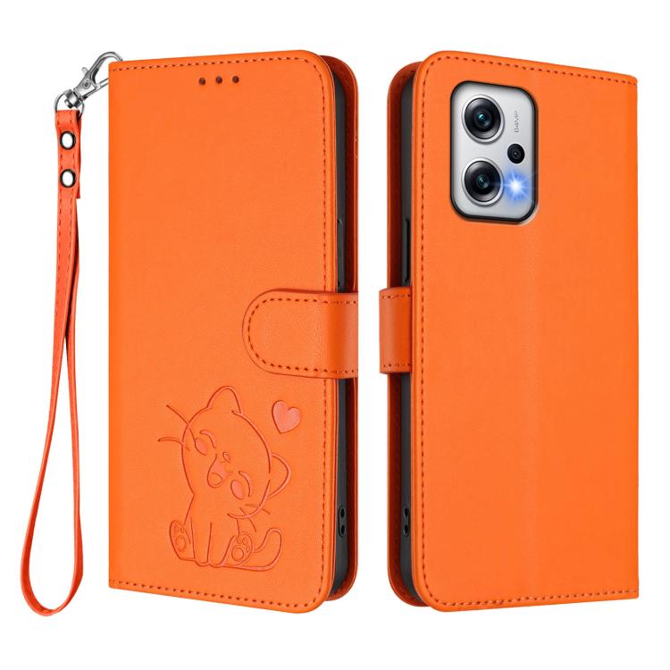 For Redmi K50i / Note 12T Pro Embossed Heart Cat Leather Phone Case with Hand Strap