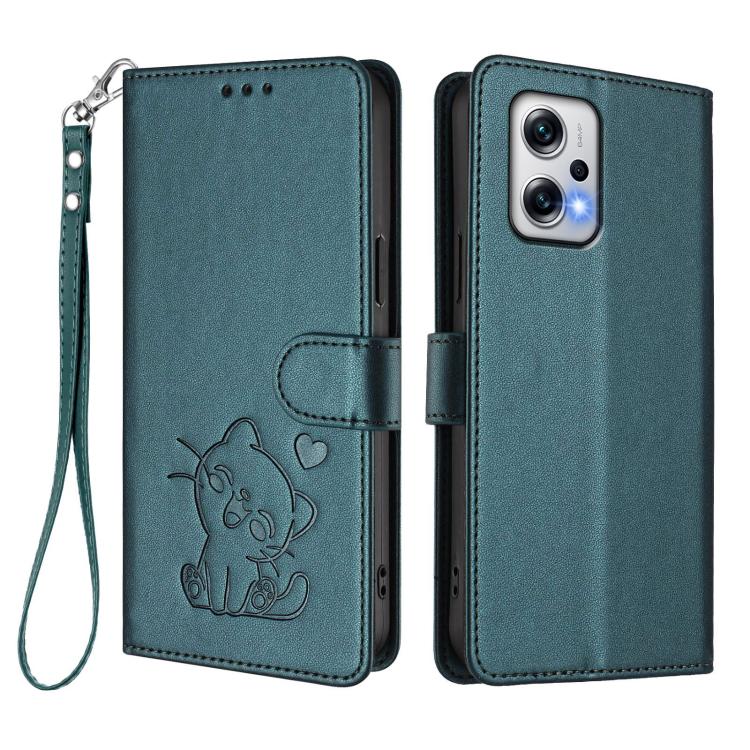 For Redmi K50i / Note 12T Pro Embossed Heart Cat Leather Phone Case with Hand Strap