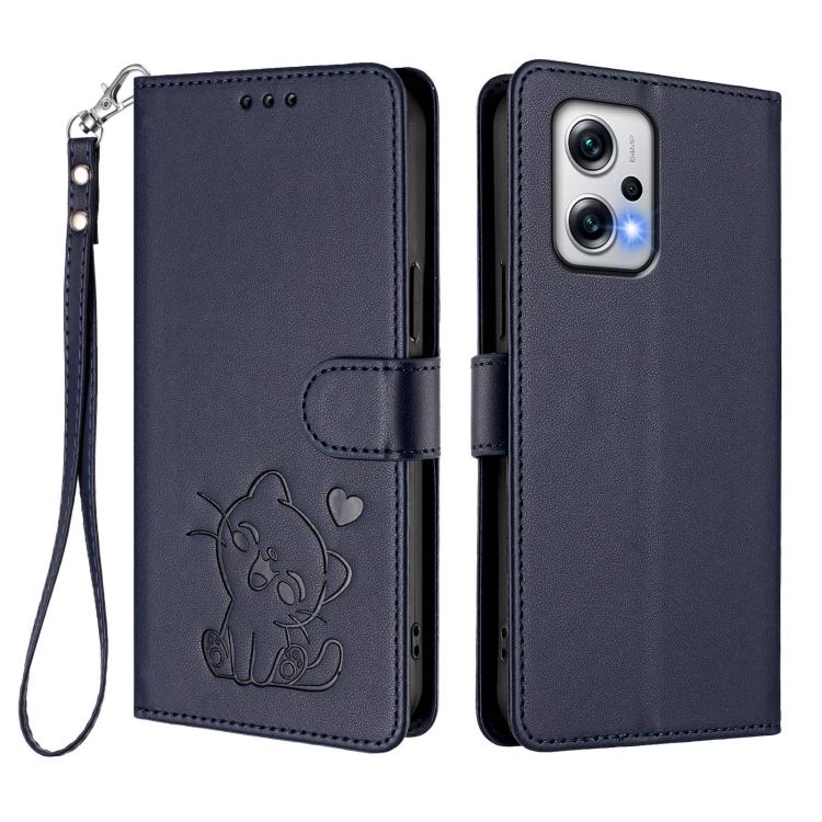 For Redmi K50i / Note 12T Pro Embossed Heart Cat Leather Phone Case with Hand Strap