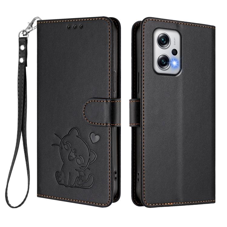 For Redmi K50i / Note 12T Pro Embossed Heart Cat Leather Phone Case with Hand Strap